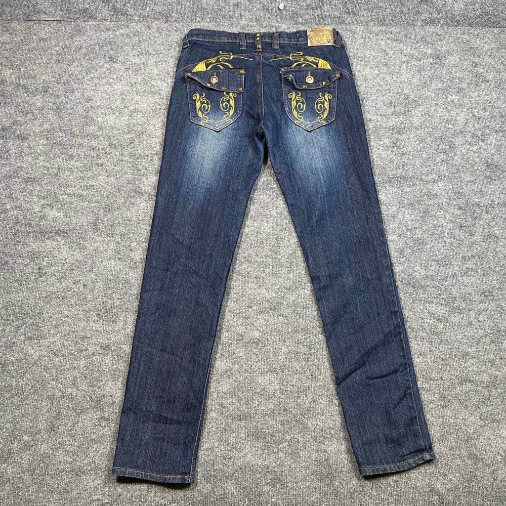 Old School Womens Y2K Dark Wash Gold Embroidered Studded Straight Jeans Size 9